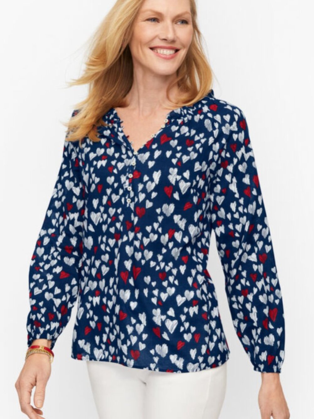 Talbots Navy Ruffle Trim Popover in Heart Sketch Print Lightweight Festive Sz L